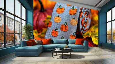 A stylish tie featuring orange pumpkins laid on a textured gray background, surrounded by colorful autumn leaves and decorative pumpkins. Wall mural