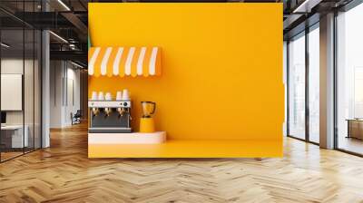 A vibrant minimalist coffee shop scene featuring an espresso machine, blender, and potted plant against a bold yellow background with striped awning. Wall mural