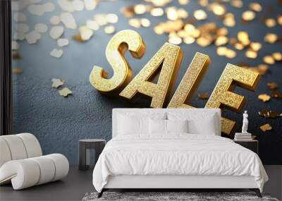 Gold glitter sale text with sparkling confetti scattered on a dark textured background, creating a festive and luxurious feel Wall mural