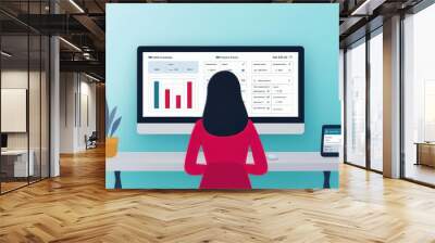 Illustration of a woman seated at a desk reviewing financial data on a desktop computer and tablet, with charts and reports displayed in a clean, minimal workspace. Wall mural