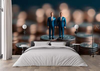 Two miniature figures in suits stand on stacks of coins, symbolizing finance, wealth, and business success. Wall mural