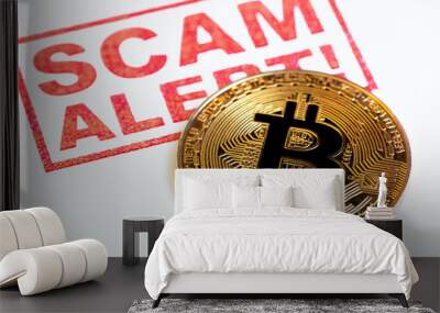 Scam, fraud and Bitcoin cryptocurrency symbol on white background Wall mural