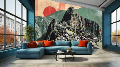 Contemporary style minimalist artwork collage illustration of Machu Picchu, Peru Wall mural