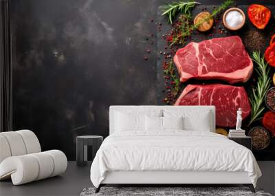 Fresh raw red meat beef steaks on slate board, text copy space, view from above, spices, seasoning for cooking, grilling on dark counter table background. Wall mural