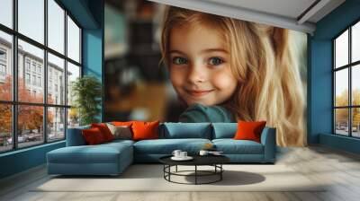 Little girl embracing her mom in her home office, Generative AI Wall mural