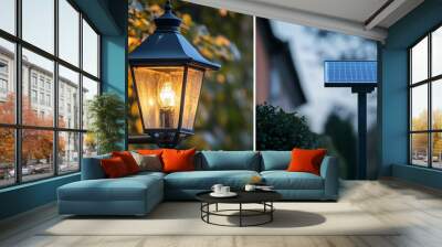 A comparison of traditional and solar-powered outdoor lighting. The traditional lantern casts a warm glow, while the solar panel provides energy for the modern design. old vs new generation Wall mural