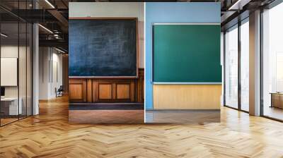 A comparison of two blackboards, one a classic chalkboard and the other a modern whiteboard. old vs new generation Wall mural