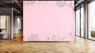 Christmas elegant modern composition. Xmas silver decorations on pastel pink background. Christmas, New Year, winter concept. Flat lay, top view, copy space Wall mural