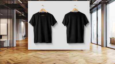 Black T-Shirt Mock-up on wooden hanger, front and rear side view. High resolution. Wall mural