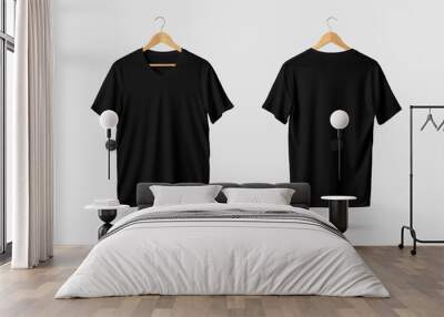 black v-neck shirt mock-up on wooden hanger, front and rear side view. 3d rendering. Wall mural