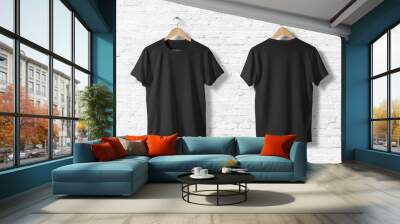 Blank Black T-Shirts  Mock-up hanging on white wall, front and rear side view . Ready to replace your design Wall mural