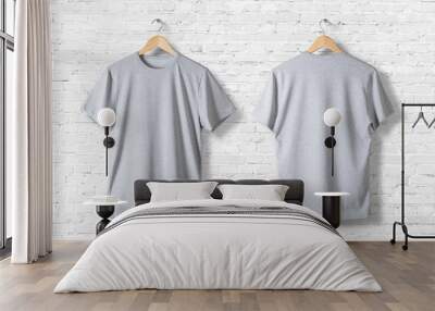 Blank Grey T-Shirts  Mock-up hanging on white wall, front and rear side view . Ready to replace your design Wall mural