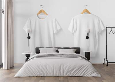 Blank White T-Shirt Mock-up on wooden hanger, front and rear side view. High resolution. Wall mural