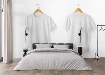 Blank White T-Shirt Mock-up on wooden hanger, front and rear side view.  Isolated on a transparent background, PNG. High resolution. Wall mural