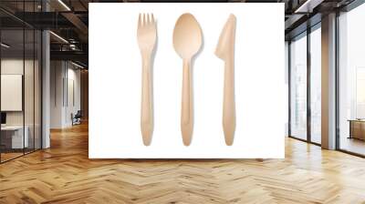 Eco friendly disposable wooden cutlery: fork, spoon and knife isolated on a transparent background, PNG. High resolution. Wall mural