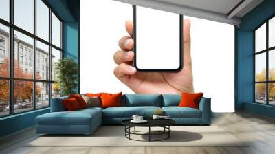 Mockup of female hand holding a black smartphone with blank screen isolated  on a transparent background. Wall mural