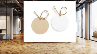 Set of two blank paper hang tags, price tags or cloth labels with string isolated on a transparent background, PNG. High resolution. Wall mural