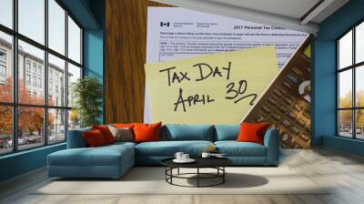 Tax Form with Sticky note with Deadline close up Wall mural