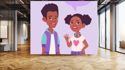 Black African American school kids, boy and girl full length characters portrait. Standing and smiling children with speaking bubbles. Vector comics style cartoon illustration.  Wall mural