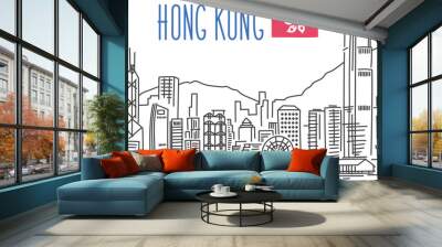 Hong Kong Skyline vector drawing. Illustration isolated on white background. Outline stroke is not expanded, stroke weight is editable Wall mural