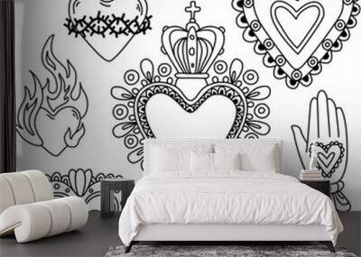 sacred hearts set. milagros, mexican lucky charms. hand drawn vector illustration isolated on backgr Wall mural