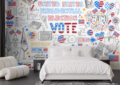 United States presidential election doodles set. Political campaign and voting attributes, patriotic symbols, american flags and maps. Hand drawn vector icons isolated on white background. Wall mural