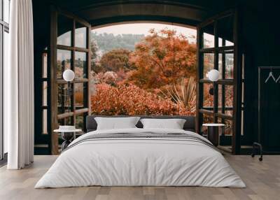 Autumn through an open vintage window Wall mural