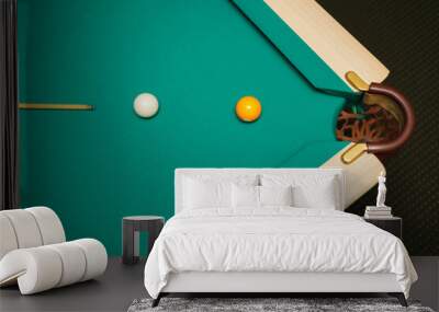 Billiard accessories balls and cue on a billiard table Wall mural