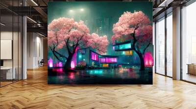 Fantasy Japanese night view city citycape, neon light, residential skyscraper buildings, pink cherry sakura tree. Night urban anime fantasy. Wall mural