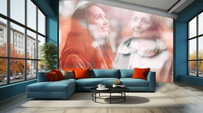 Grandmother and granddaughter women double exposure image. Young and senior woman portrait. Love, generation, dreams and happy family relations concept. Wall mural