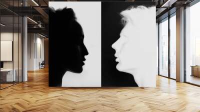 Pair couple man and woman profile portrait face to face. Family psychologist and healthy relationships concept. Understanding and patience. Wall mural