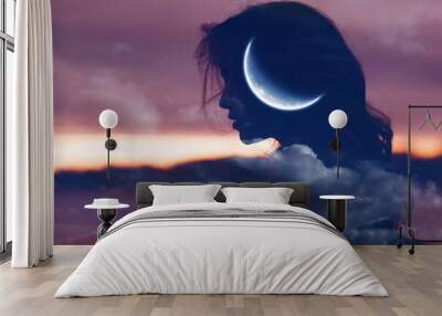 Woman profile silhouette portrait with moon in her head Wall mural