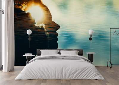 Woman silhouette with sun in head with copy space. Multiple exposure image. Wall mural