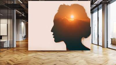 Woman with sun over clouds in her head. Mental health concept Wall mural