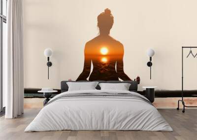 Yoga day concept. Multiple exposure image. Woman practicing yoga at sunset. Wall mural