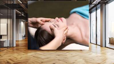 Young beautiful woman receiving head face massage in beauty spa Wall mural