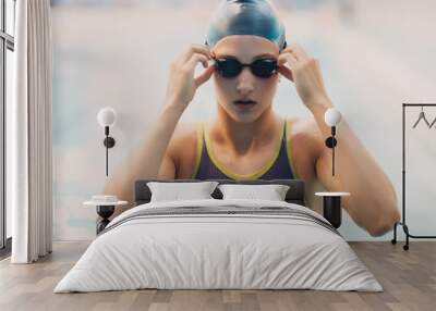 Young girl swimmer in swimming glasses in the pool Wall mural