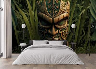 angry deity wooden tiki mask on grass, created with generative ai Wall mural