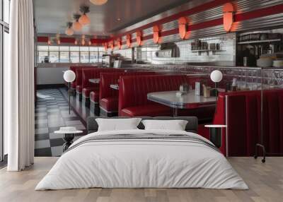 classic diner with red vinyl booths and chrome accents, created with generative ai Wall mural