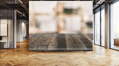 Empty wooden table for product placement or montage with focus to table top in the foreground, with white background. Wooden board empty table perspective. Wall mural