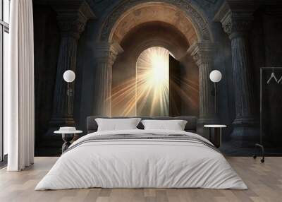 heavenly doorway, with rays of light shining through and around it, created with generative ai Wall mural