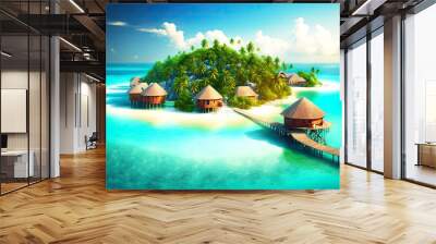 islands with bungalows for exotic holiday in maldives tropical island, created with generative ai Wall mural