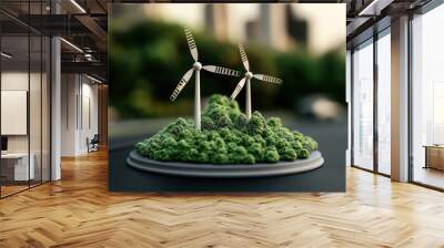 Miniature landscape with wind turbines among green trees on a city street model showcasing renewable energy and urban planning concepts. Wall mural