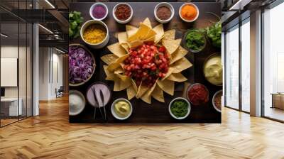 nacho assembly process with ingredients in bowls Wall mural