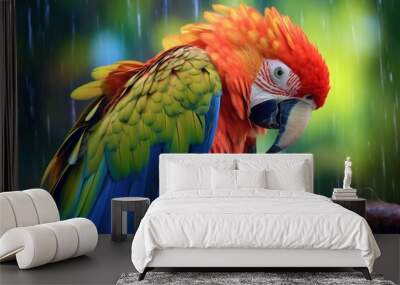 parrot preening feathers with blurred tropical background Wall mural