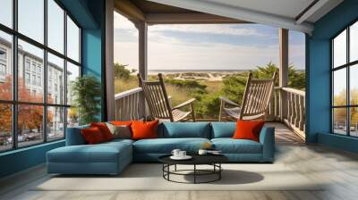 porch with rocking chairs and view of the beach on cape cod, created with generative ai Wall mural