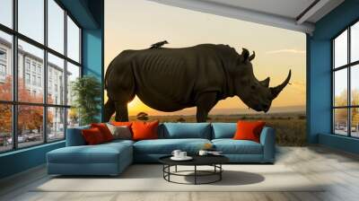 rhino with oxpeckers on back at sunset Wall mural