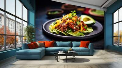 spicy chipotle burger with avocado slices on a dark plate Wall mural