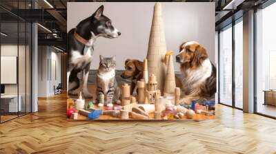 team of cats and dogs constructing high-rise tower with materials and tools, created with generative ai Wall mural