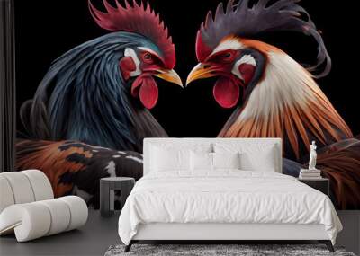 two fighting roosters stand close to each other at cockfights, created with generative ai Wall mural